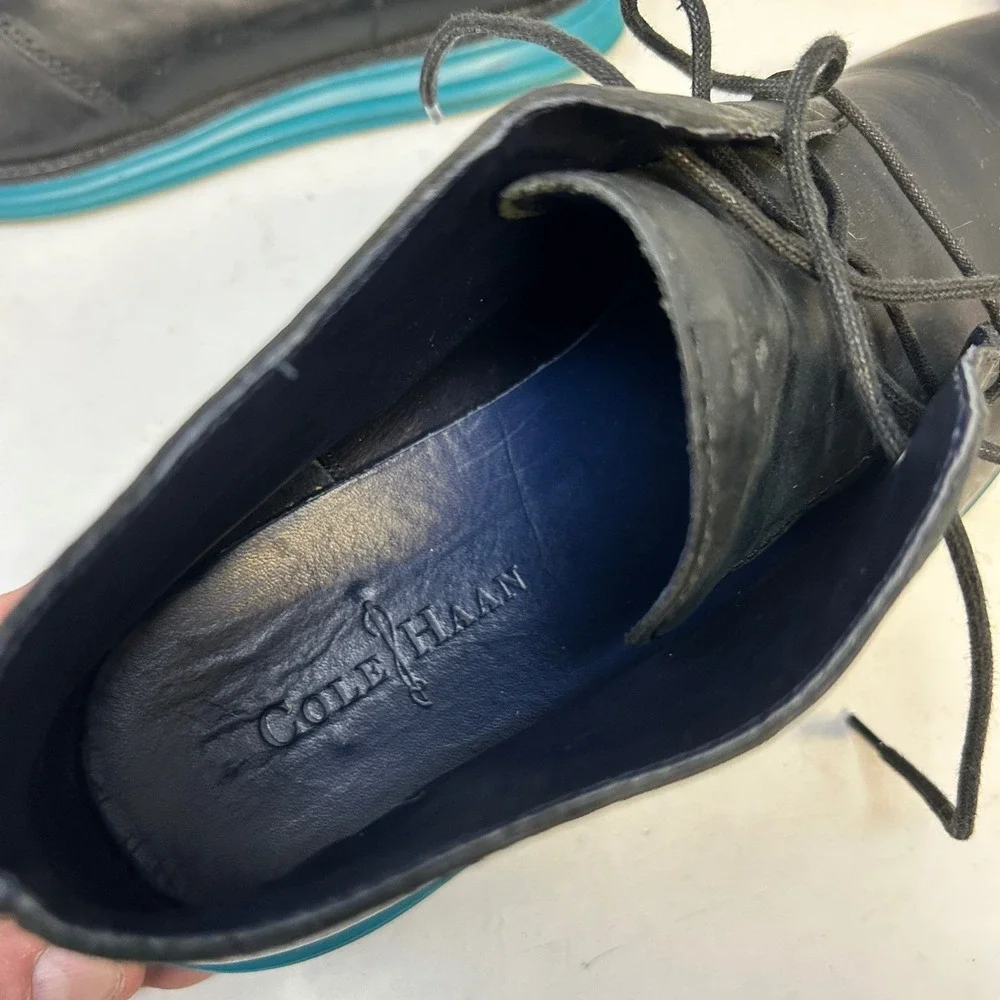 Cole Haan Lunargrand Chukka Boots Black Leather Teal Sole Men's 11M‎